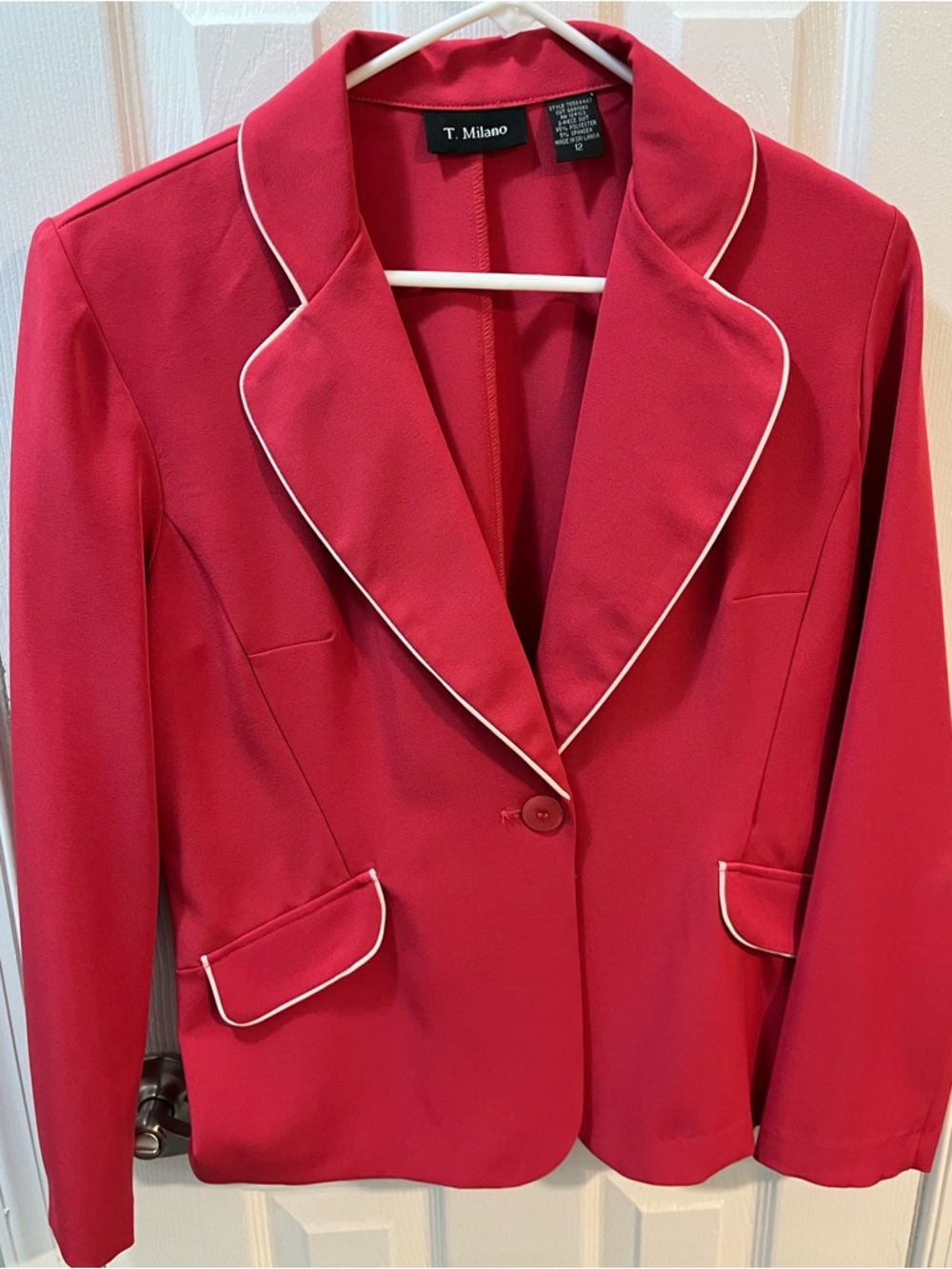 Milano Pink Blazer White Piping One Button Pockets Casual Business Size 12.